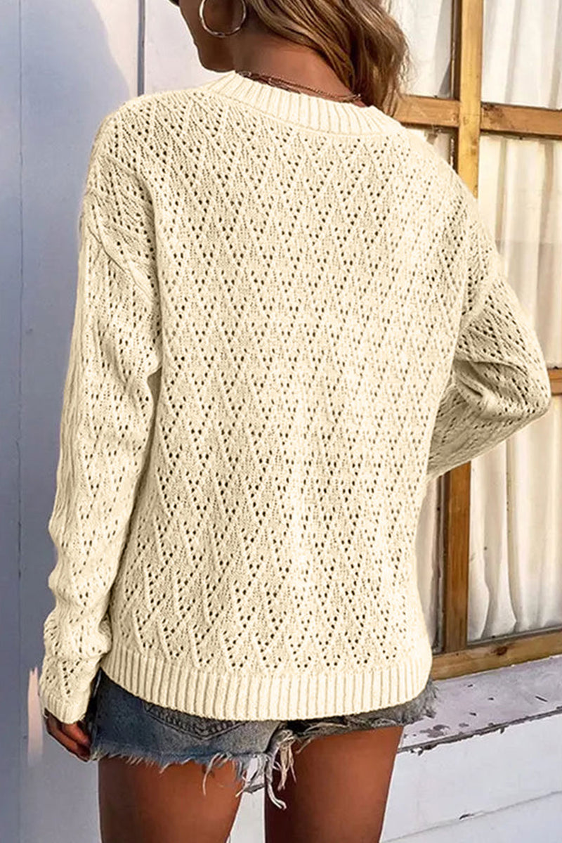 Beige Eyelet Knit Ribbed Trim Sweater