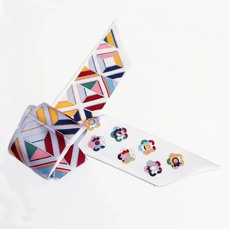 2024 Spring Border New Geometric Diamond Small Flowers Women's Decorative Small Silk Scarf Bundle Bag Handle Ribbon Small Scarf