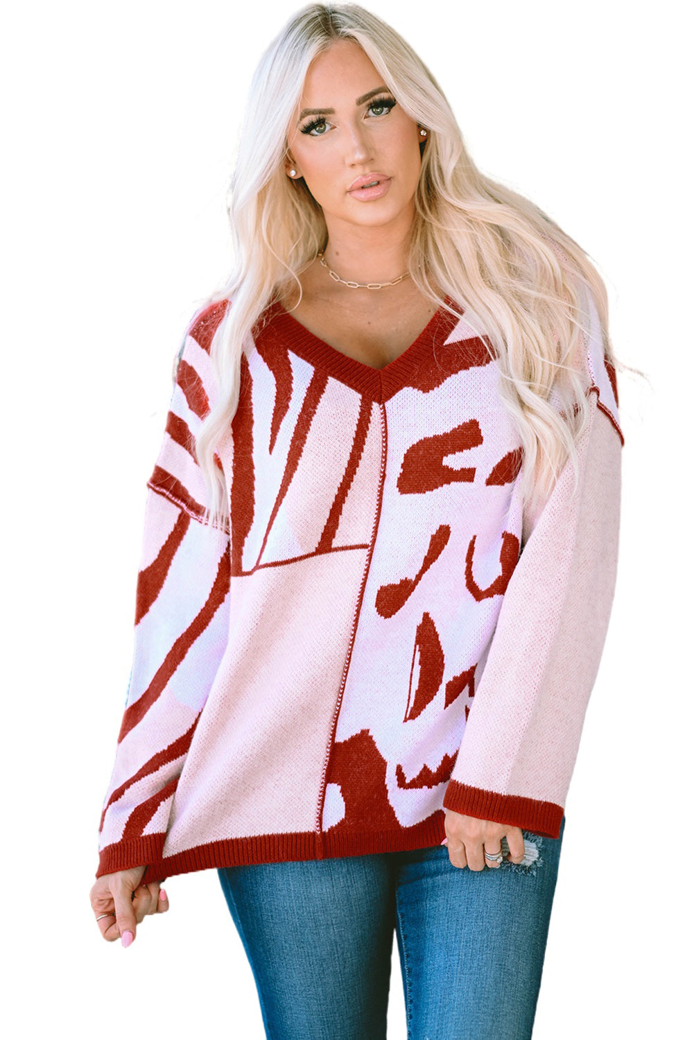 Red Mix Pattern Knit Ribbed Trim Oversize Sweater