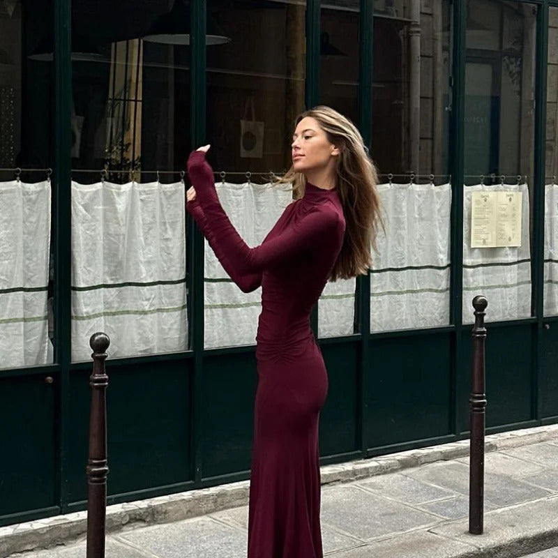 Lady Elegant Burgundy Mock Turtleneck Solid Maxi Dresses Fashion Long Sleeve Slim Hem Party Midi Robe Autumn Evening Dress Women