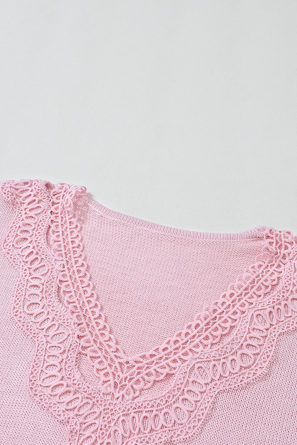 Pink Hollowed Lace Splicing V Neck Loose Sweater