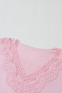 Pink Hollowed Lace Splicing V Neck Loose Sweater