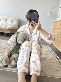 100% Cotton Pajamas for Women Loose Cartoon Long Sleeve Pants Loungewear Women 2 Piece Set Pj Women Outfit Sleepwear Set Pijamas