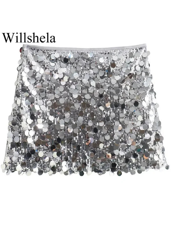 Willshela Women Fashion With Sequined Solid Side Zipper Mini Skirt Vintage High Waist Female Chic Lady Skirts