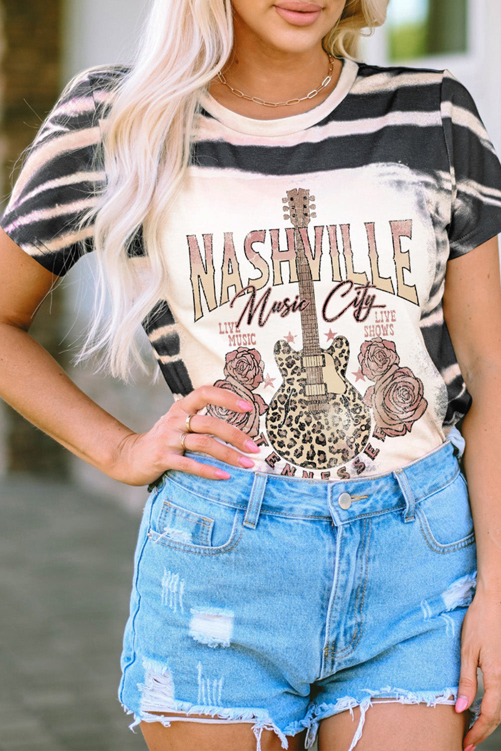 Blue Animal Stripe Bleached NASHVILLE Guitar Graphic Tee