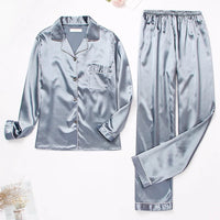 Women Satin Pajamas Cozy Lounge Set Autumn Long Sleeve Buttons Lapel Top & Pants Loungewear 2 Piece Sleepwear Button-Down Pj Set