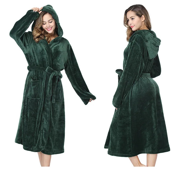 RONGTAI Womens Solid color Hooded Bathrobe Ladies Fleece Plush Warm Long Robes Fleece Nightgown Sleepwear