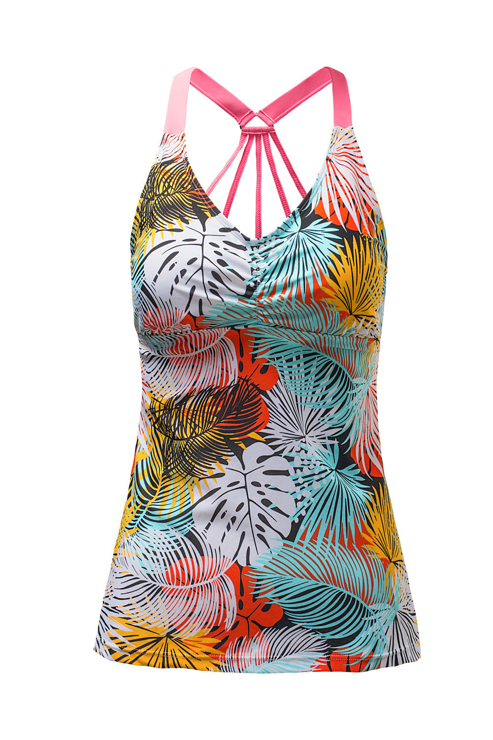 Yellow Floral Printed Strappy Racerback Tankini Swim Top