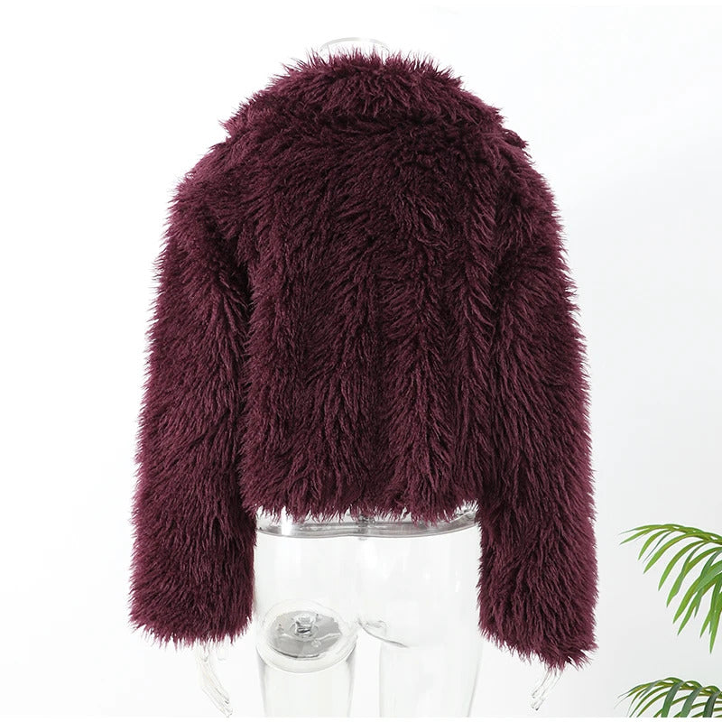 Wine Red Fluffy Faux Fur Short Coat Women Elegant Full Sleeve Warm Lapel Jacket New Winter Woman Commuter Outerwear 2024