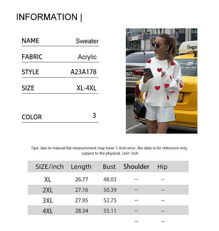 Sporty chic Women's Plus Size Valentine's Day Heart Pattern Sweater Casual Long Sleeve Drop Shoulder Sweater Women's