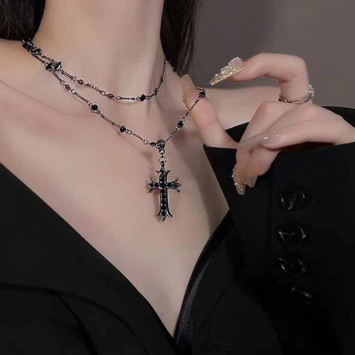 Gothic Black Rhinestone Cross Jesus Pendant Choker Necklace for Women Punk Vintage Double Layer Chain Neck Jewelry New