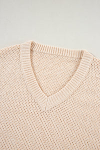 Parchment Loose Eyelet V Neck Drop Shoulder Sweater