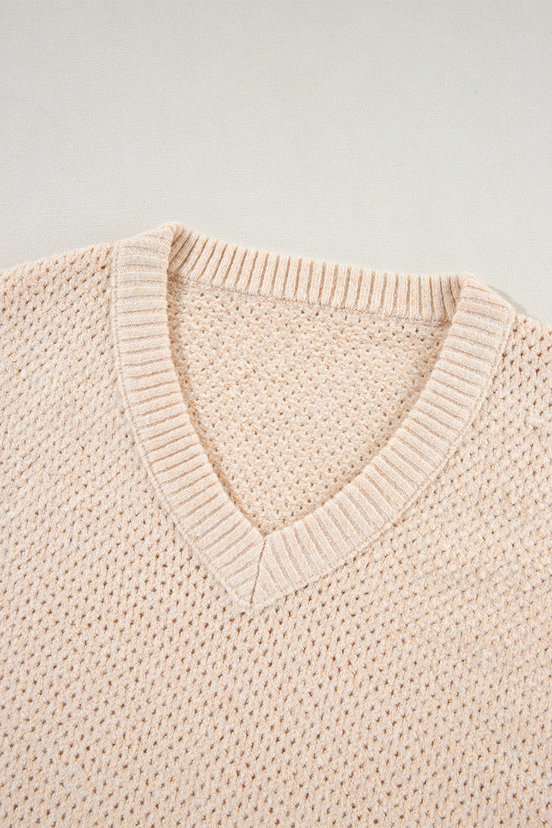 Parchment Loose Eyelet V Neck Drop Shoulder Sweater