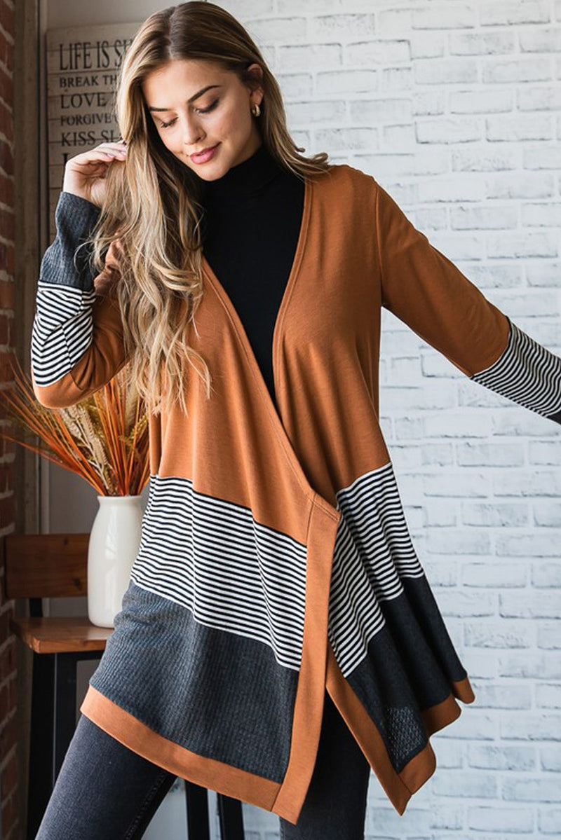 Orange Colorblock Striped Patchwork Open Cardigan