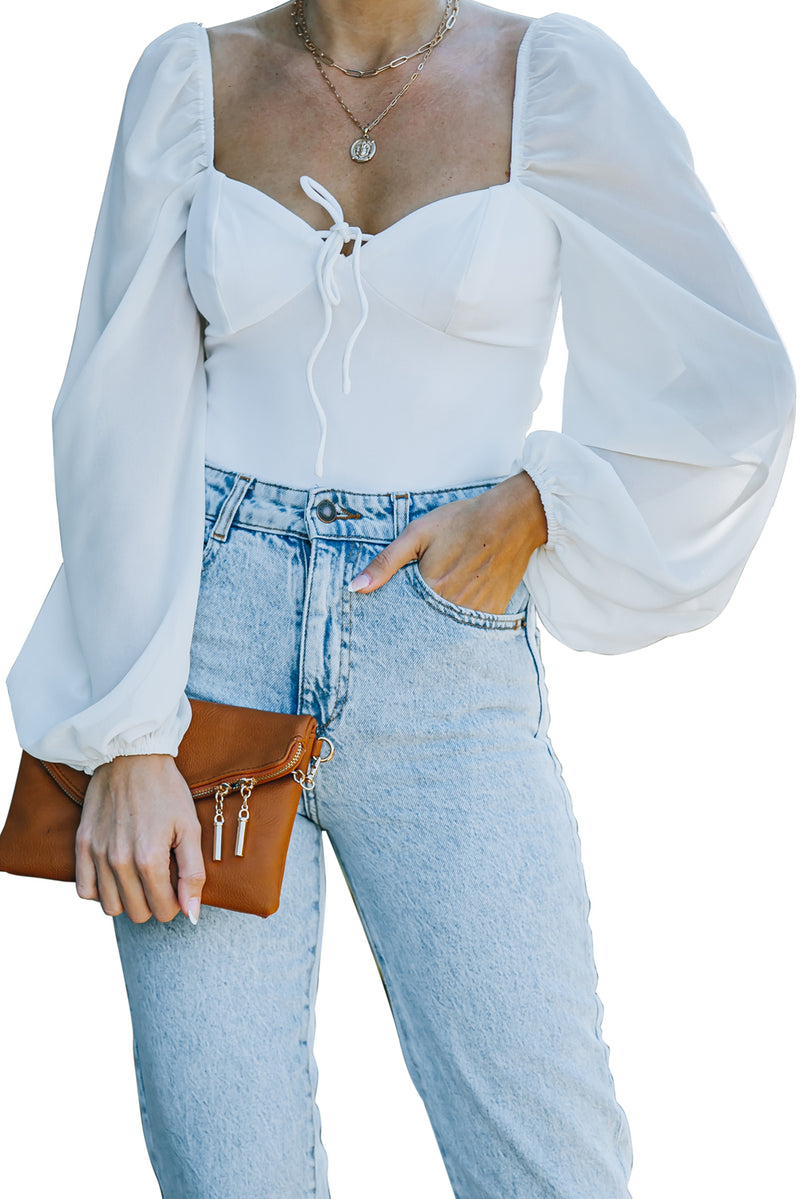 White Criss Cross Backless Puff Sleeve Bodysuit