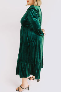 Blackish Green Velvet Frilled up Neck Ruffled High Waist Plus Size Midi Dress