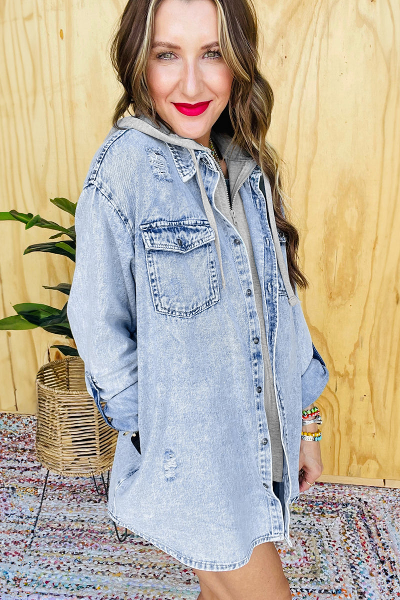 Mist Blue Oversized Contrast Hooded Denim Jacket