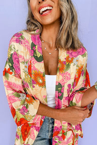 Pink Floral Allover Print Open Front Belted Duster Kimono