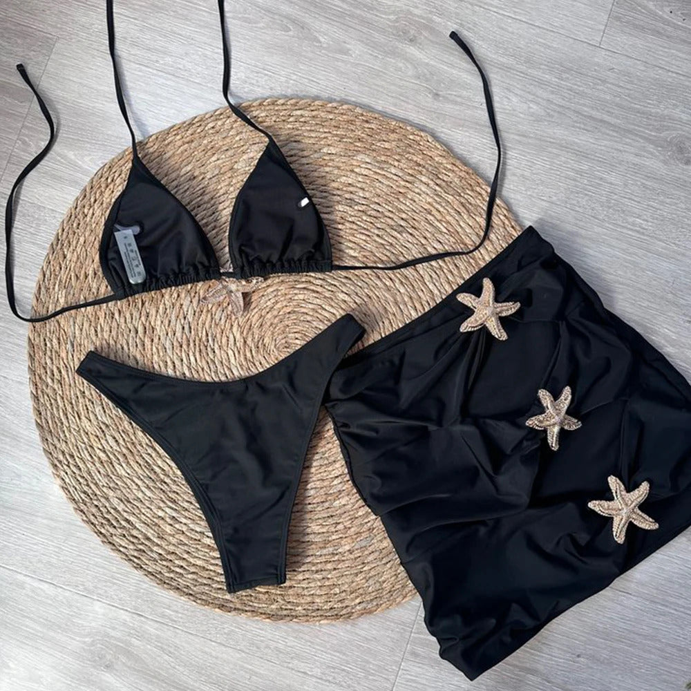 Sexy starfish 3 Pieces Bikinis 2024 Swimsuit For Women Black Swimwear Brazilian Bikini Set Biquini Female Swimuits Beachwear