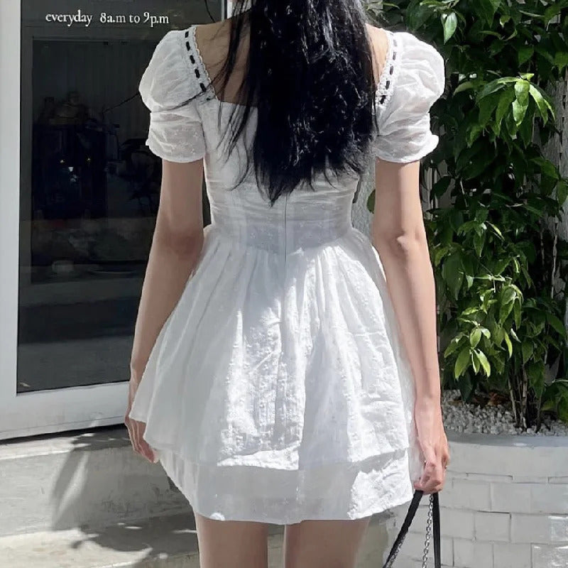 2024 Spliced Lace Embroidery Hollow Out Hole Flower Corset style Mini Dress Women Short Puff Sleeve Party Skater A-line Hem Robe