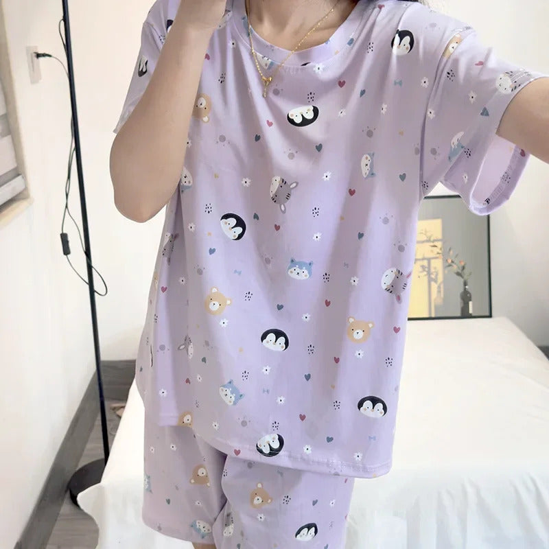 Women's Loose Round Neck Cute Kitty Homewear Pajamas Women's Simple Leisure Long Sleeve Long Pants Two-piece Suit Pajamas  Women