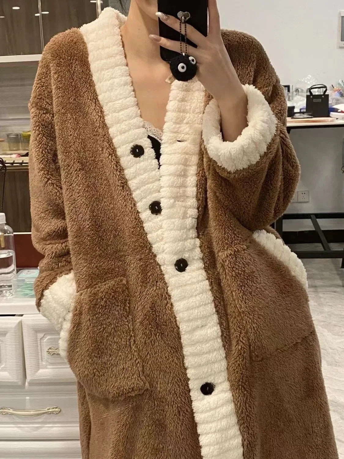 Women's Autumn Winter New Coral Velvet Sleepwear V-neck Thickened Warm Fleece Robe De Maison Luxury Home Suit