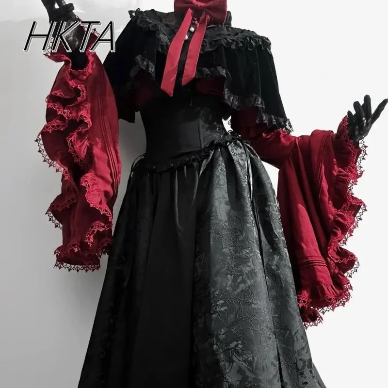 Gothic Shirt Y2k Top Lolita Girls Ruffle Umbrella Skirt High Waist Oversized Long Skirt Horn Long Sleeve Student Elegant Blouse