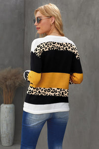 Crewneck Leopard Color Block Knit Pullover Sweater