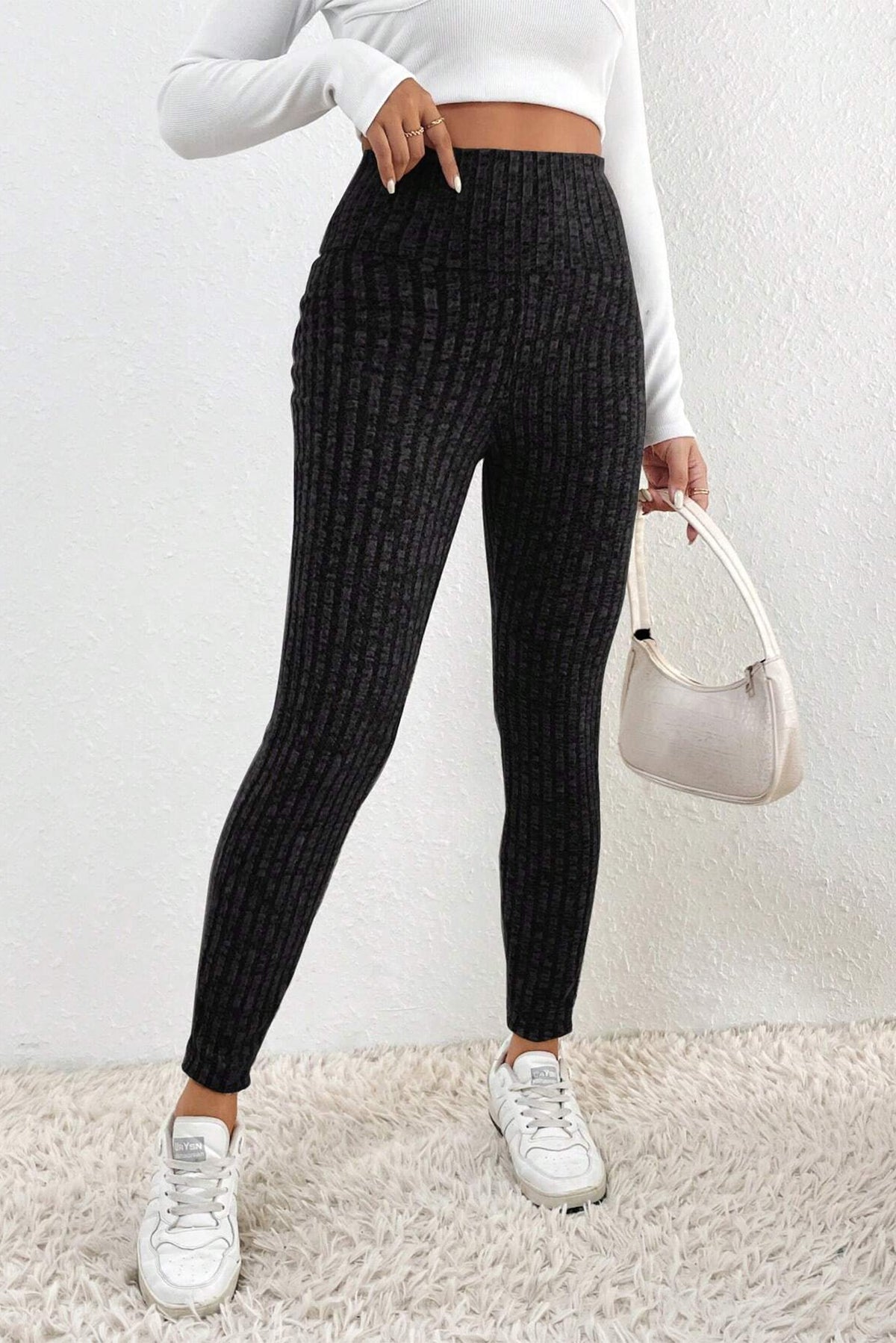 Black Wide Waistband Ribbed Textured Knit Leggings