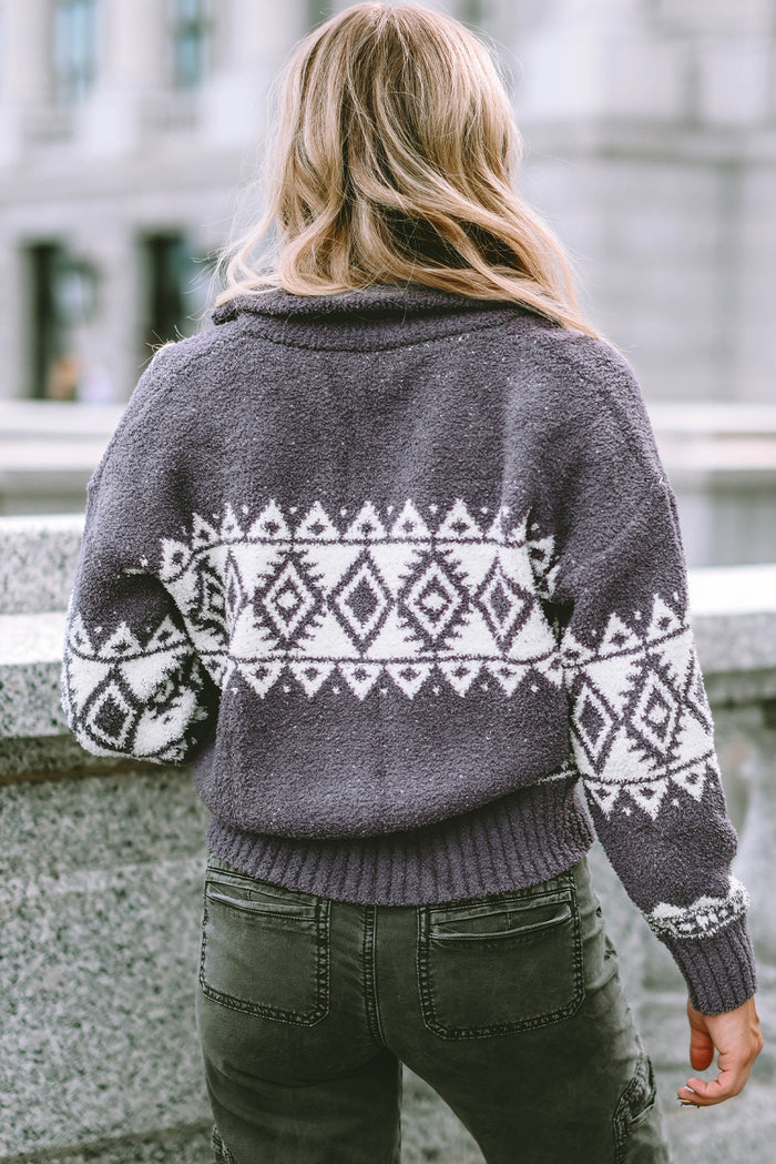 Gray Western Geometric Printed Quarter Zip Pullover Sweater