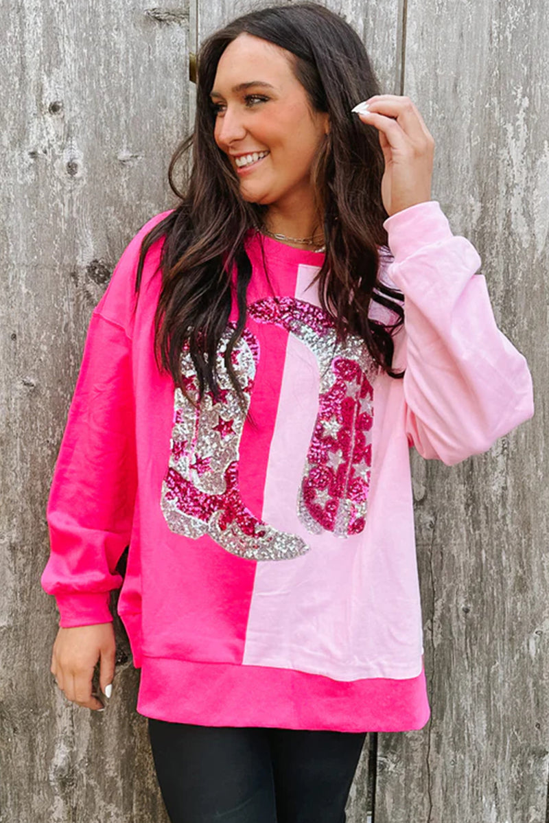 Pink Color Block Sequined Cowgirl Boots Graphic Sweatshirt