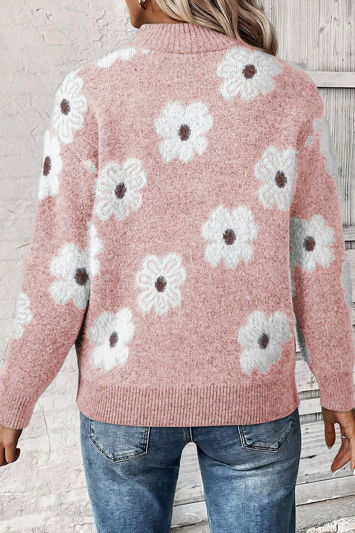 Pink Floral Pattern Half Zip Drop Shoulder Sweater