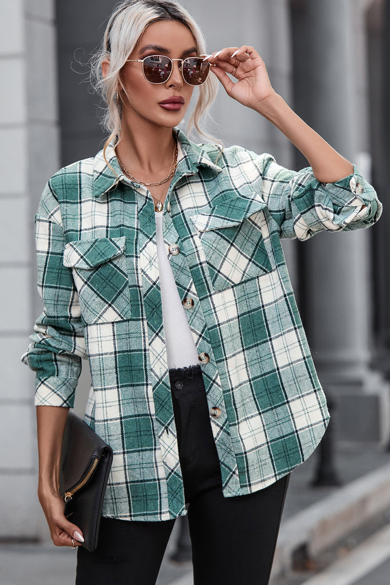 Green Plaid Pattern Flap Pockets Shirt