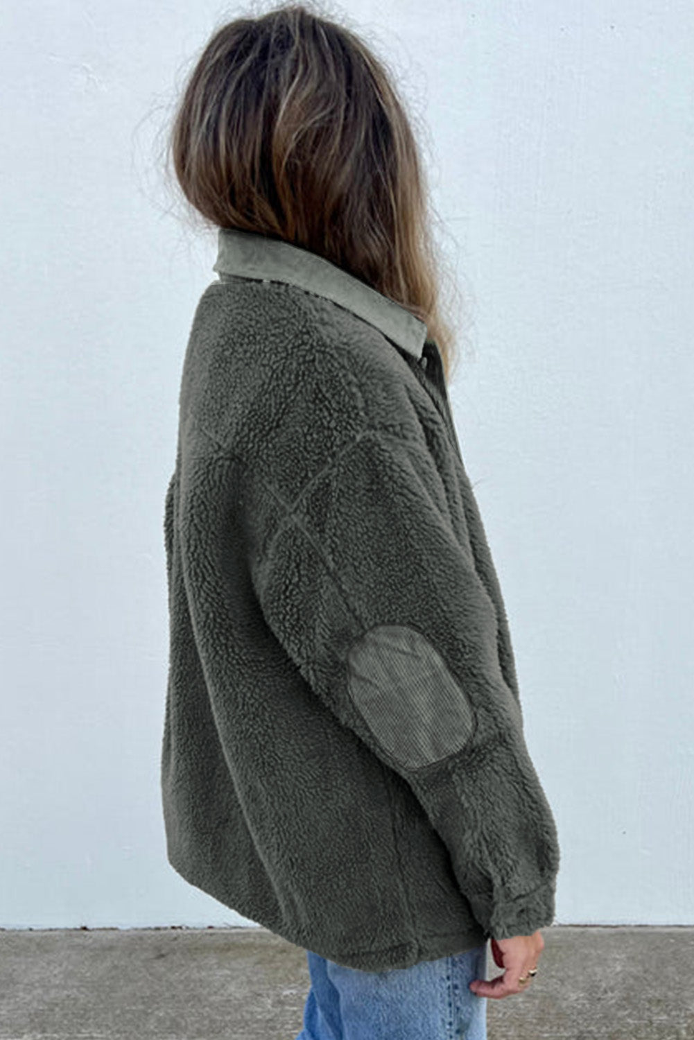 Gray Corduroy Trim Elbow Patch Sherpa Jacket