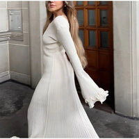 Women Elegant Ruffle Hem Knit White Long Dress O-neck Flare Long Sleeve Backless Bandage Dresses 2024 New Evening Party Robes