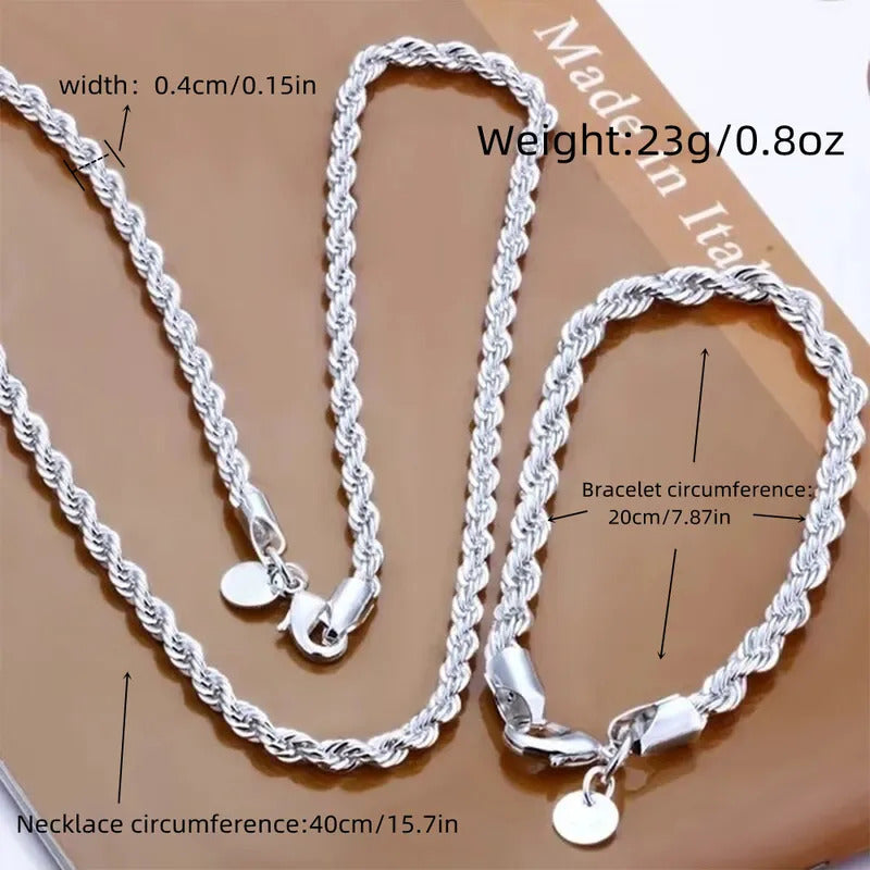 Silver Color 4mm Chain Male Twisted Rope Necklace Bracelets Fashion Women Men Silver High Quality Jewelry Set