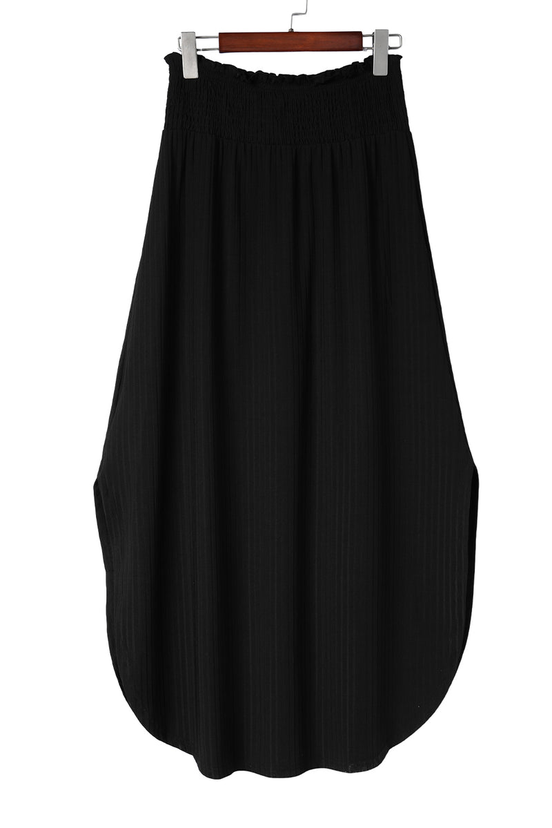 Black Smocked High Waist Maxi Skirt with Slit