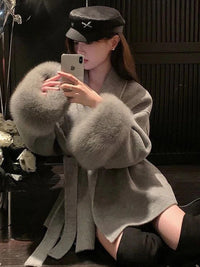 Elegant OL Office Lady Overcoats Fur Patchwork Long Sleeve Woolen Coat Beautiful Women's Clothing Jacket Autumn 2024 Spring