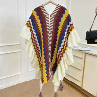 Women Ethnic Style Poncho Capes Ladies Fashion Stripe Colorful Knit Oversized Poncho Wrap Fringed Shawl Bohemian