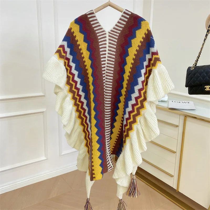 Women Ethnic Style Poncho Capes Ladies Fashion Stripe Colorful Knit Oversized Poncho Wrap Fringed Shawl Bohemian