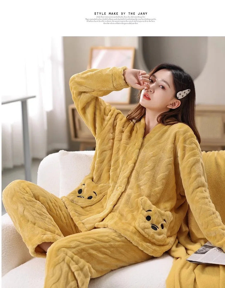 Thickened Warm Coral Velvet Pajamas Women's Autumn and Winter Padded Cartoon Bear Striped Flannel School Pajamas Winter Homewear