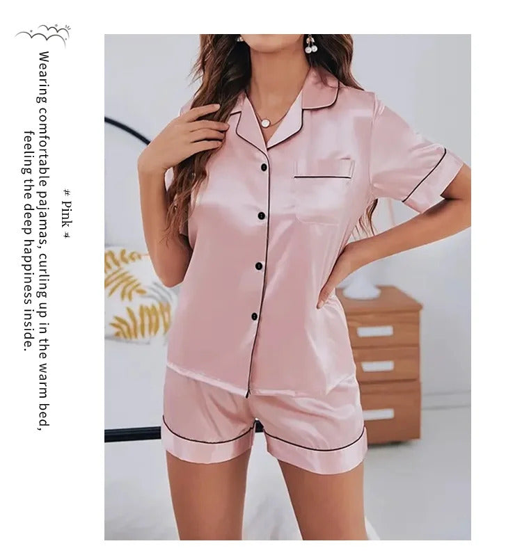 Summer Silk Satin Women Pajamas Set Button Down Top & Shorts 2 Pieces Sleepwear Notched Collar Nightwear Loungewear for Women