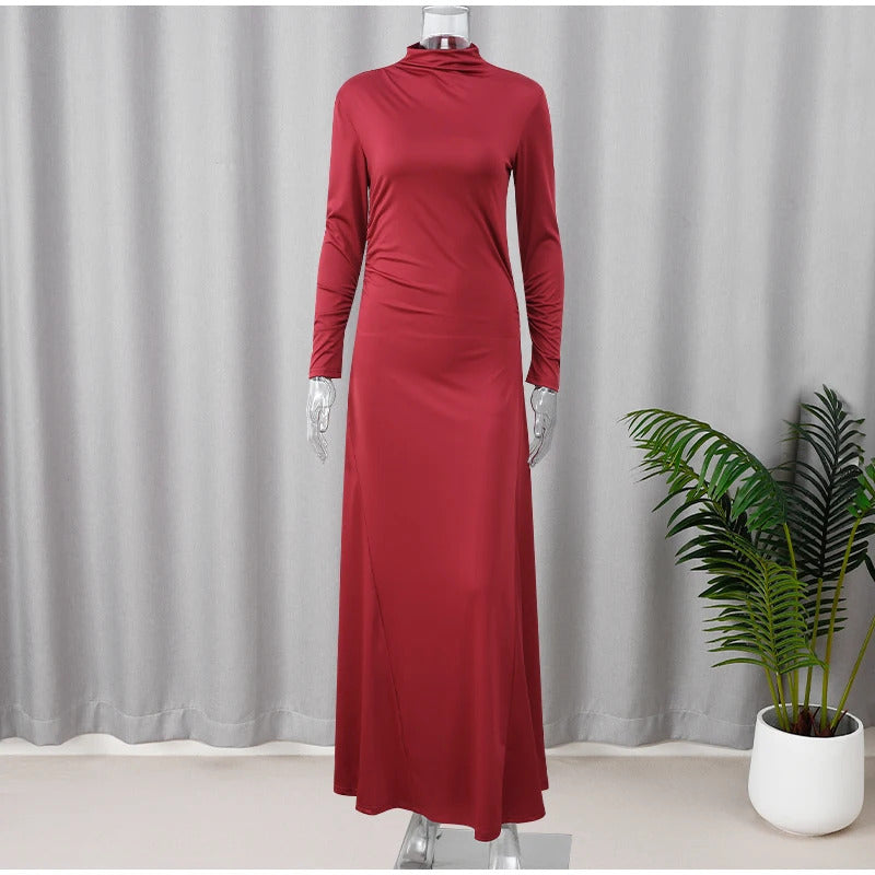 Lady Elegant Burgundy Mock Turtleneck Solid Maxi Dresses Fashion Long Sleeve Slim Hem Party Midi Robe Autumn Evening Dress Women