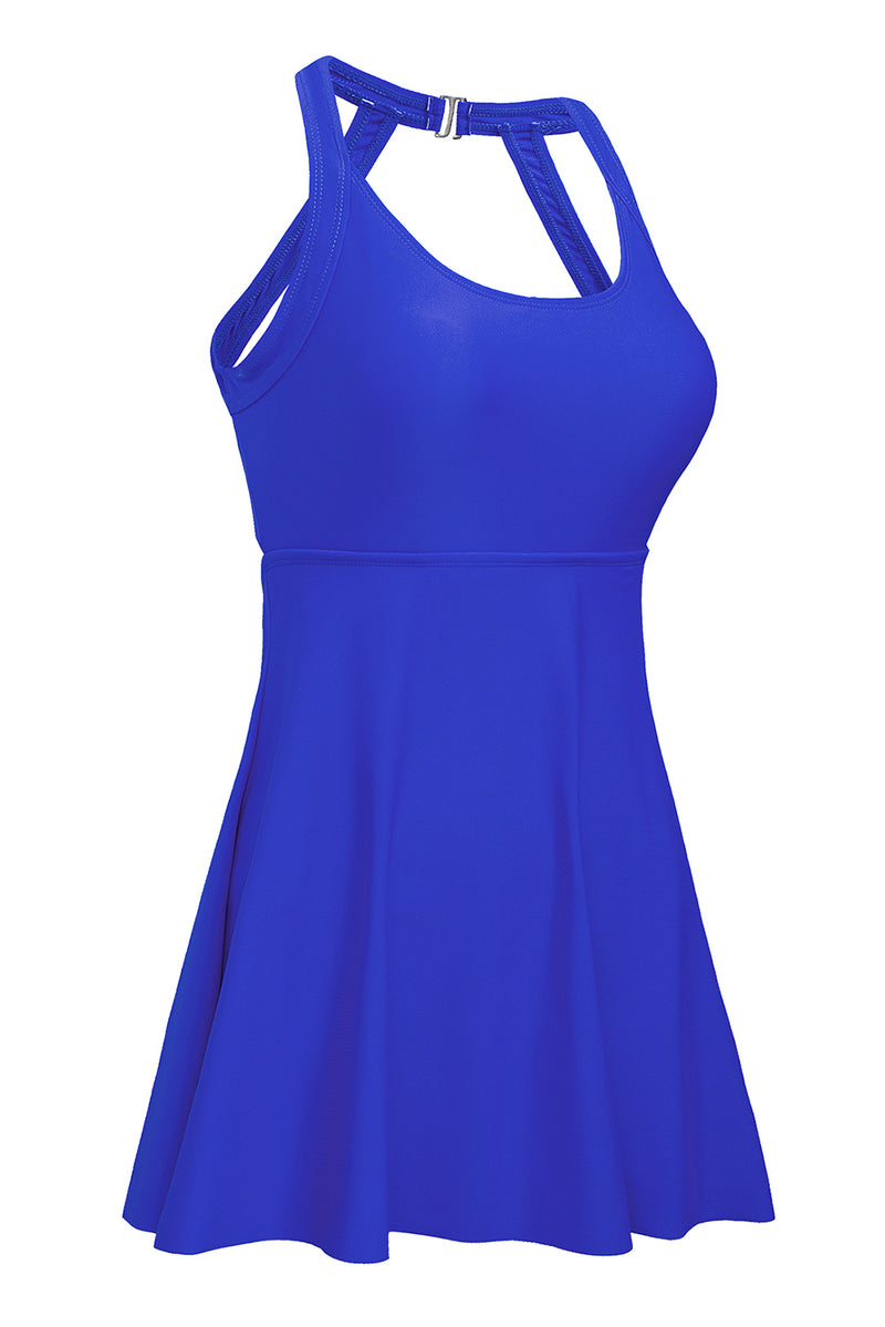 Blue Strappy Halterneck Skirt Style One Piece Swimsuit