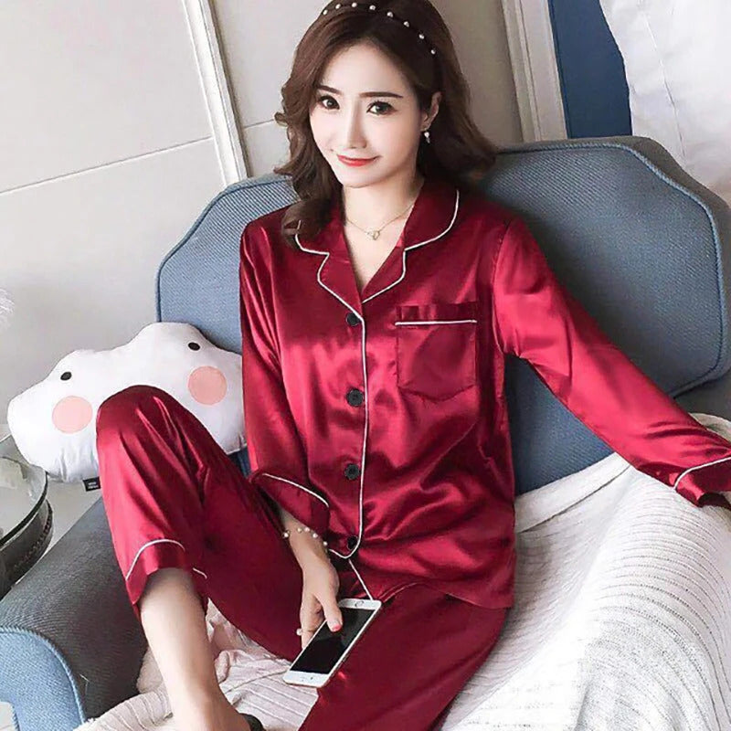 Women Satin Pajamas Cozy Lounge Set Autumn Long Sleeve Buttons Lapel Top & Pants Loungewear 2 Piece Sleepwear Button-Down Pj Set