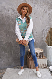 Sky Blue Tribal Print V Neck Knitted Sweater Vest