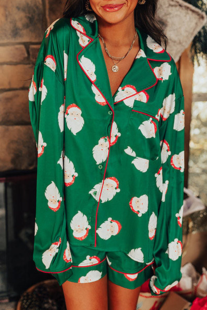 Green Christmas Santa Claus Print Satin Shirt and Shorts Set