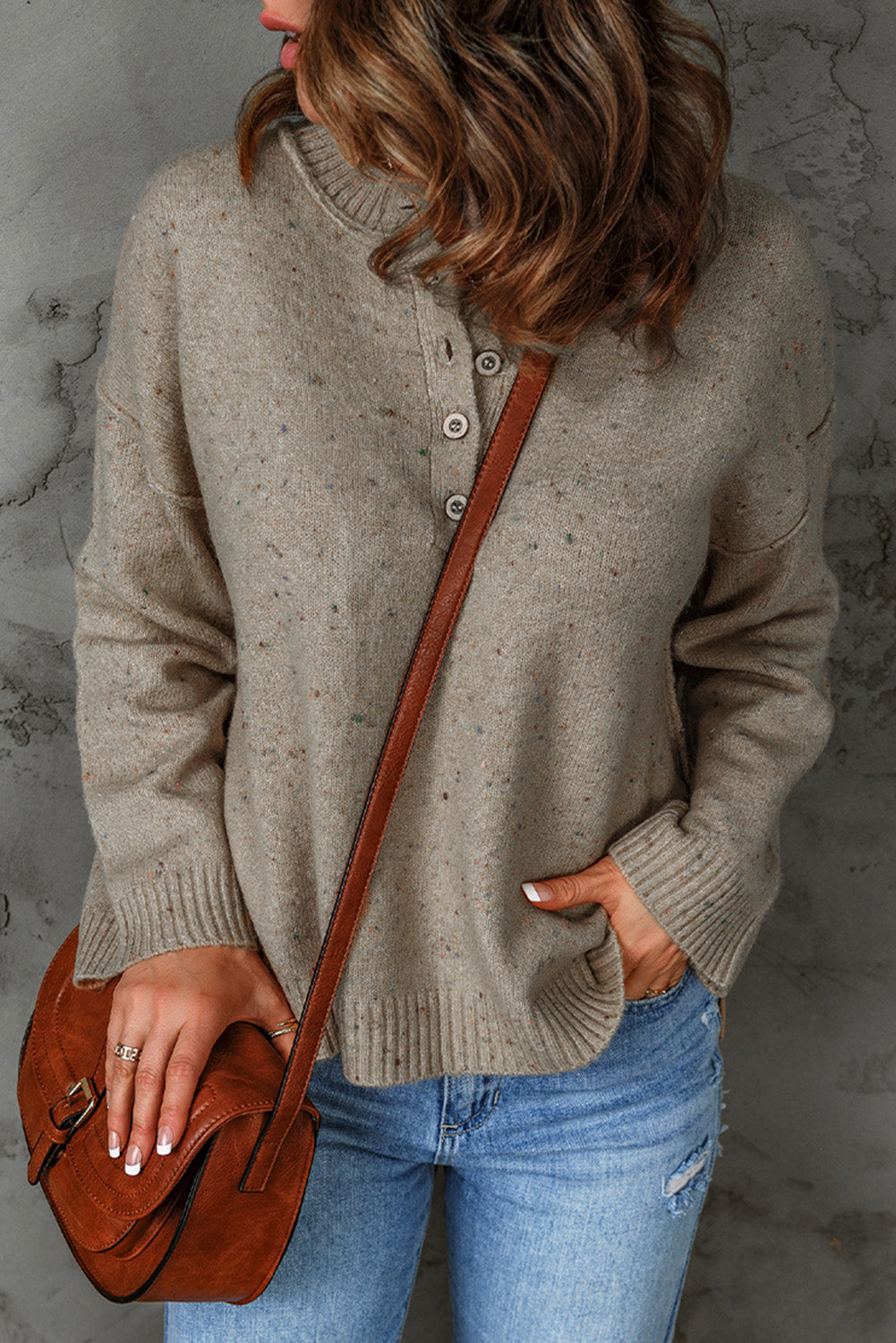 Khaki Buttoned V Neck Colorful Pilling Sweater