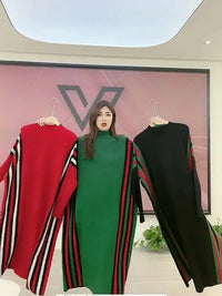 Elegant Strip Knitwear Loose Midi Dresses Half Turtleneck Knitted Dress Casual Sweater Vestidos Korean Women Fall Winter Robe