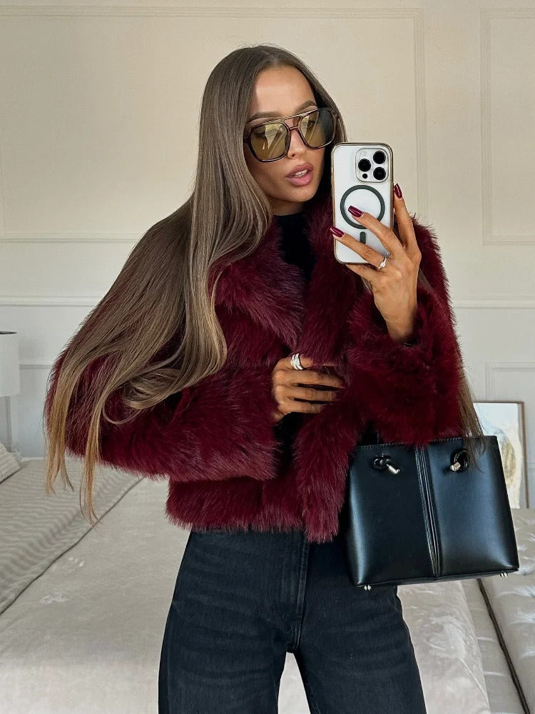 Luxury Brown Women's Fluffy Faux Fur Warm Short Coat Chic Lapel Collar Long Sleeve Furry Jacket Winter 2024 Lady High Streetwear